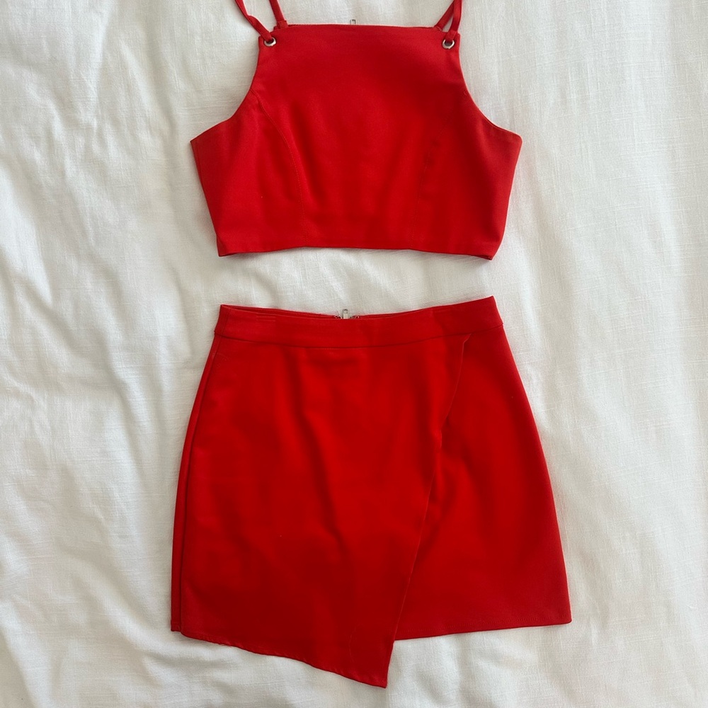 Red Crop Top and Skirt Set